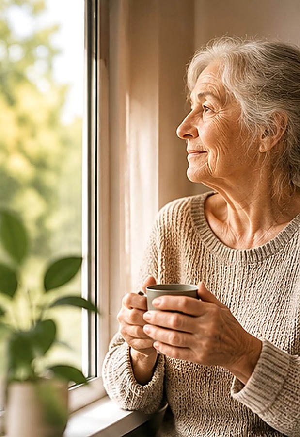 Seniorka patrząca przez okno z filiżanką herbaty